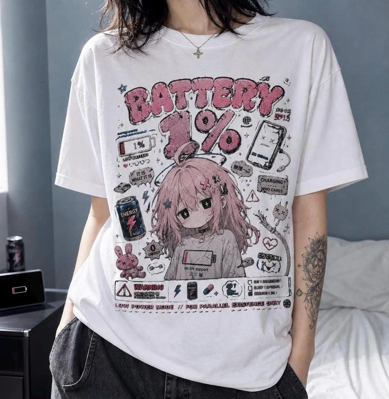 Low Battery Print T-shirt Oversized Unisex Cotton Streetwear Trendy Casual Loose Vintage Loose Short Sleeves Breathable soft tee