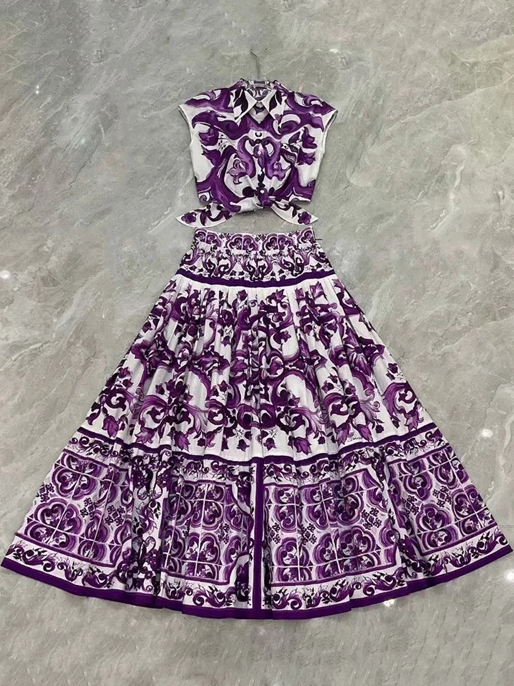 

2025 Summer Women's Fashion set: Two-piece retro geometric print strappy cinched-waist short shirt + High-waisted loose skirt