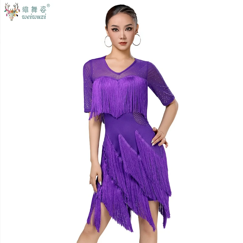 أزياء أداء الرقص اللاتيني الراقية فستان شرابة مثير الكبار الإناث التانغو سامبا تشاتشا الممارسة المهنية الزي #1