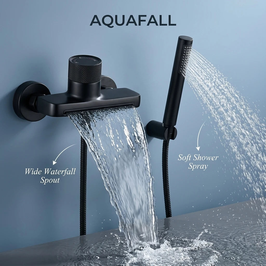 Wall-Mounted Matte Black Bathtub Shower Mixer Tap, Modern Bathroom Faucet with Hot & Cold Control & Concealed Valve