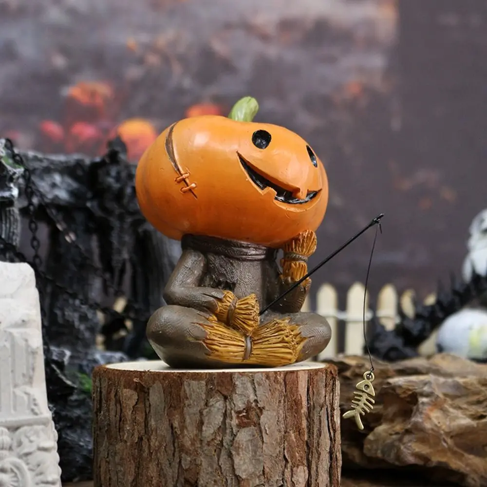 Funny Resin Pumpkin Scarecrow Fishing Statue Cute Cartoon Pumpkin Elf Sculpture Waterproof Creative Miniatures Figurine Rockery
