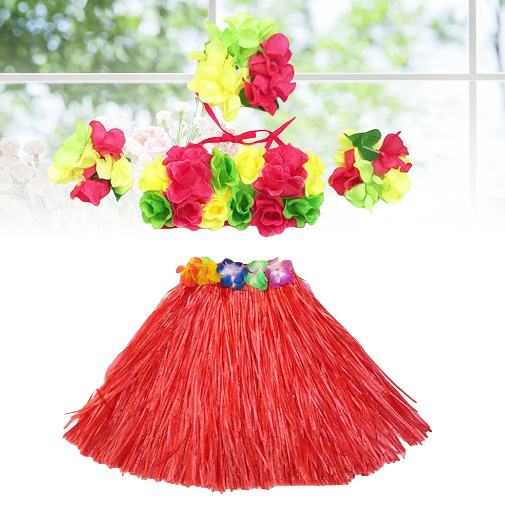 

5 Pcs Hula Dancer Costume Red Hawaii Grass Skirt Colorful Tropical Fluffy Banquet