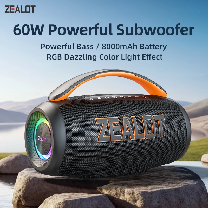 Zealot-P12 Altoparlante bluetooth portatile da 60 W RGB subwoofer wireless impermeabile con luce colorata 360 stereo surround TWS