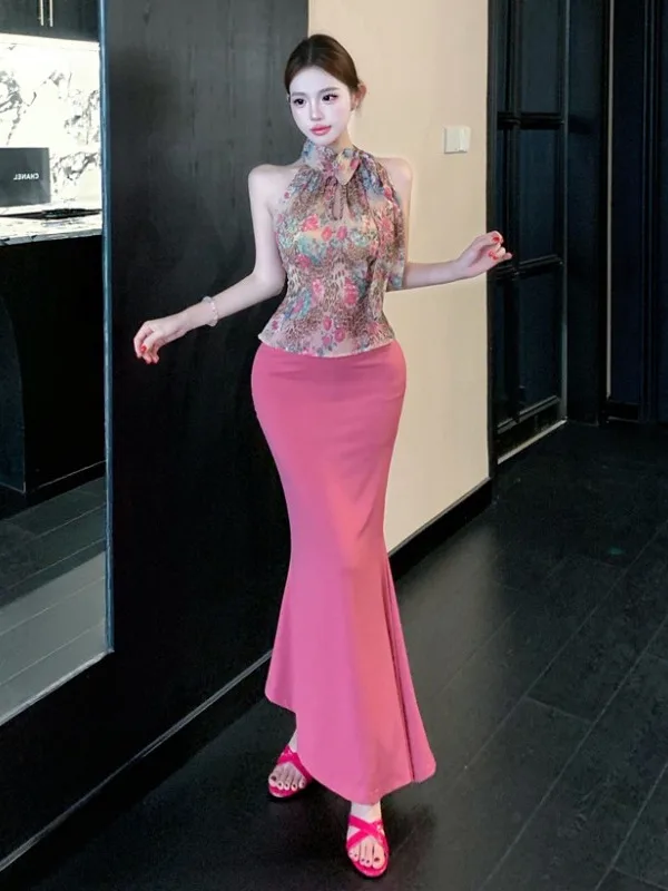 

Sexy Floral Halter Top And High Waist Fish Tail Skirt Two Piece Set for Young Women Summer Fashion Anti-Wrinkle Slim Fit