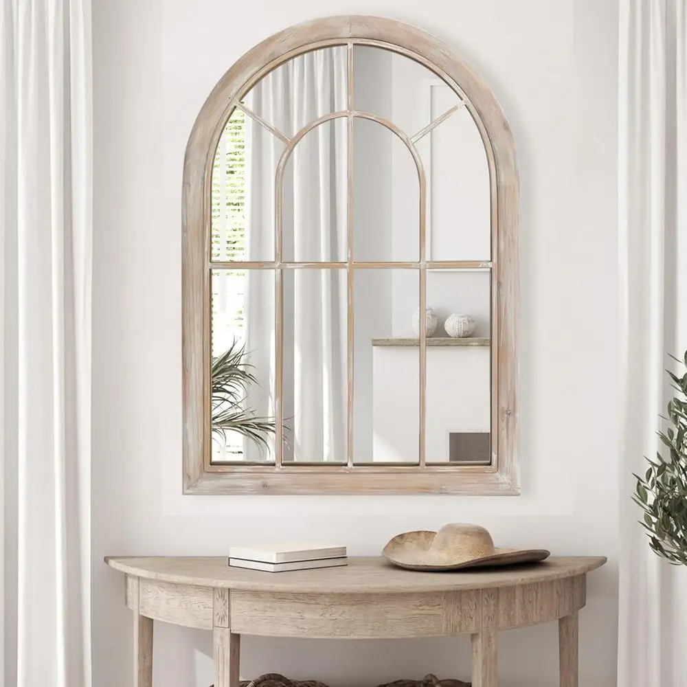 

Arched Window Pane Mirror, Rustic Wood Decorative Wall Mirror for Living Room, Bedroom, Hallways, Entryway, 36 Lx 26 W