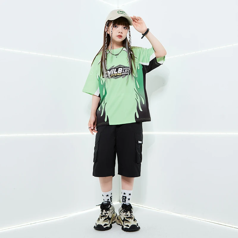 Jungen Hipo Hop grün T-Shirt Street Dance schwarz Cargo Shorts Mädchen Streetwear Kinder Ballsaal Sommerkleid ung Kind Jazz Kostüme
