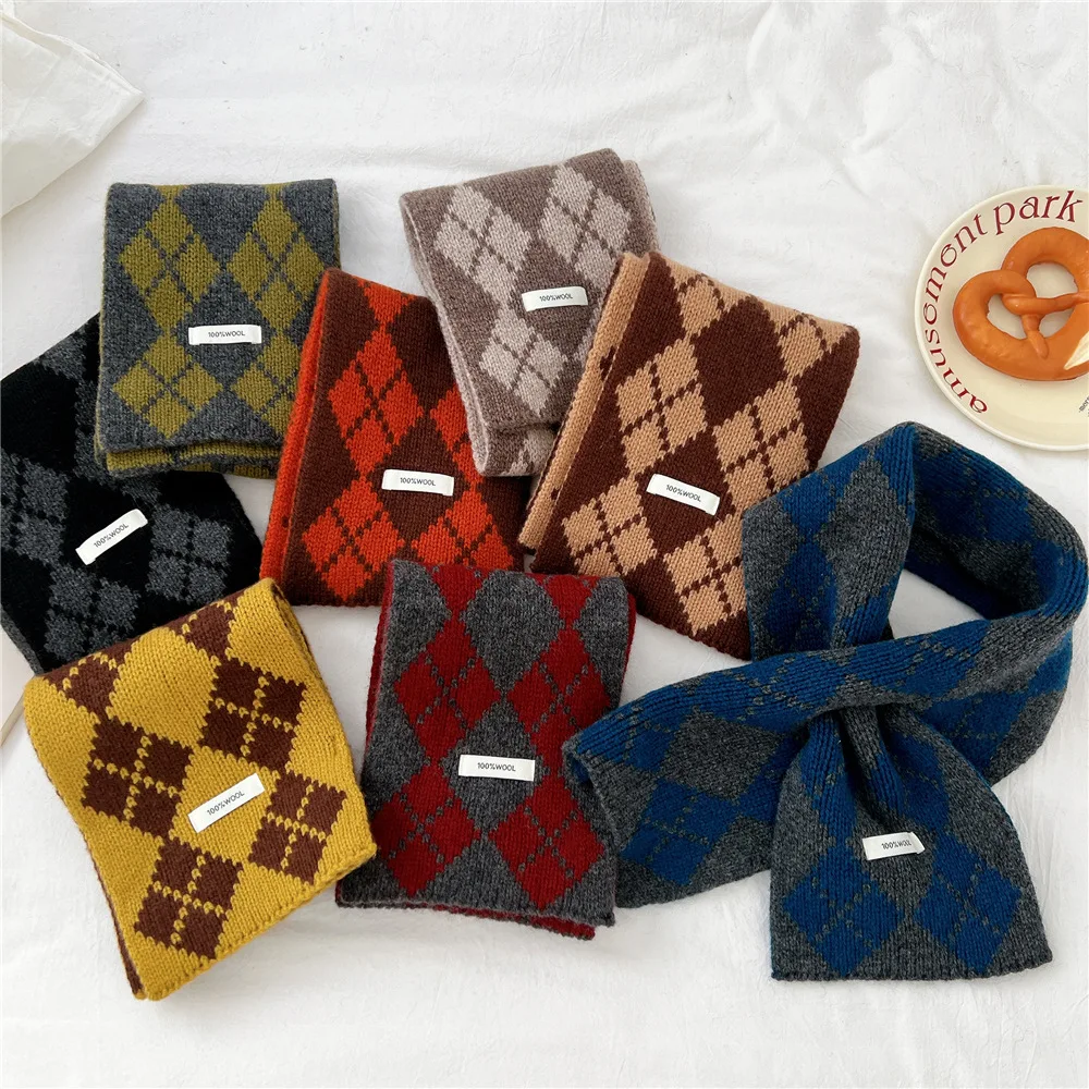 

100% Pure Wool Neck Warmer for Women Autumn Winter Plaid Men Scarf Casual Warm Thick Neck Scarves Winter Accessories