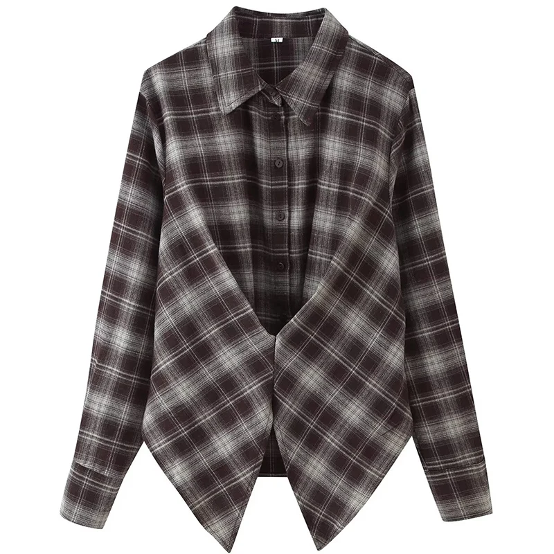 Outono turn-down colarinho manga longa solto retalhos camisa xadrez feminina cinched botão acima topos feminino chique casual wear 2025 novo