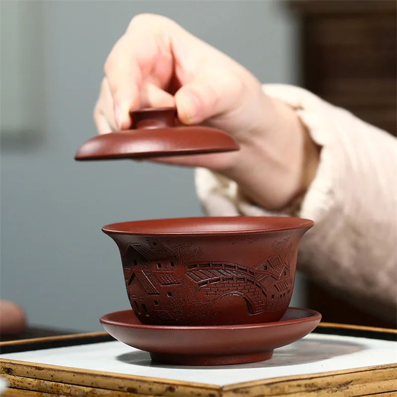 

engraved handmade carved gaiwan real yixing zisha purple grit tureen covered bowl with cup saucer lid original ore Sancai bowls