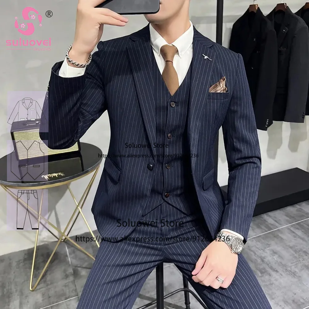 

100% Natural Wool Slim Fit Suit For Men High Quality Customize 3 Piece Jacket Vest Pants Set Formal Grooms Wedding Party Tuxedos