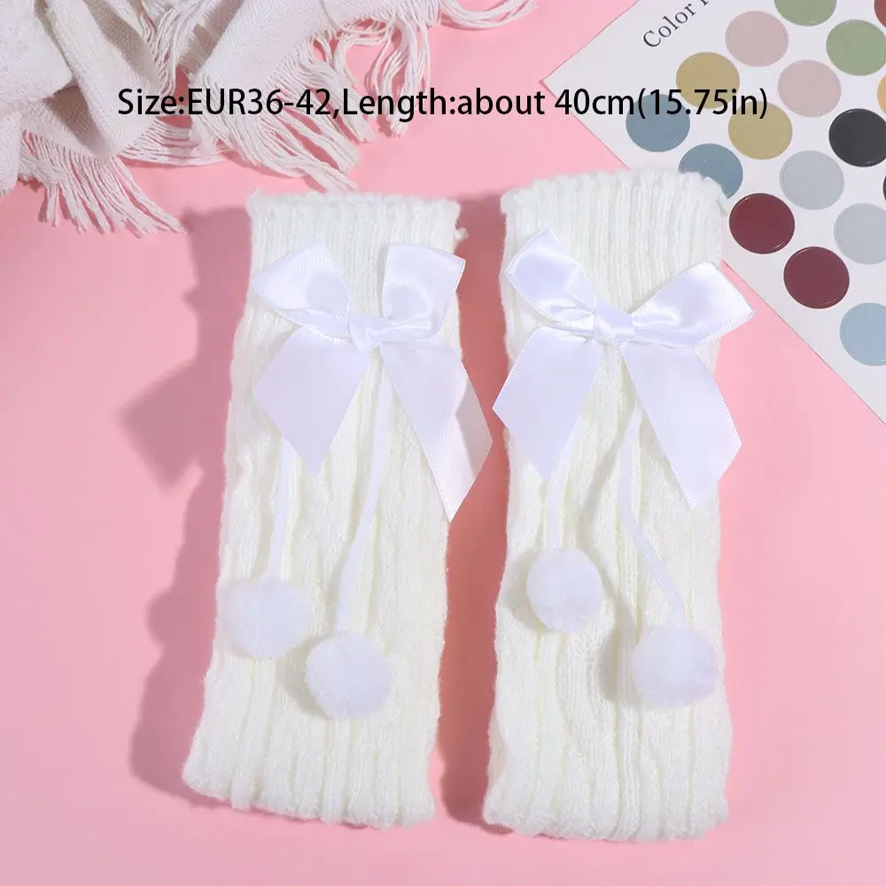 Hosiery Plush Ball Knitted Lolita Boot Cuffs Thicken Bowknot Winter Tube Stocking Foot Cover Sweet Y2K Leg Warmers Women