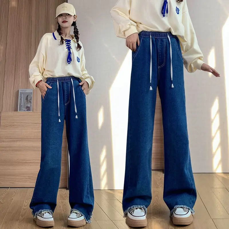 

2023 Spring Autumn New Simple Denim Pants Women Wide Leg Straight Tube Loose Tight High Waist Students Large Size Trousers