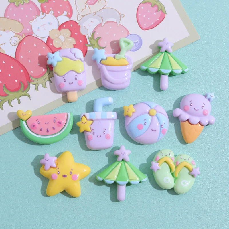 100pcs New Cute Resin Mini Ocean Beach Umbrella Slipper Juice Flatback Scrapbook Kawaii DIY Embellishments Accessories