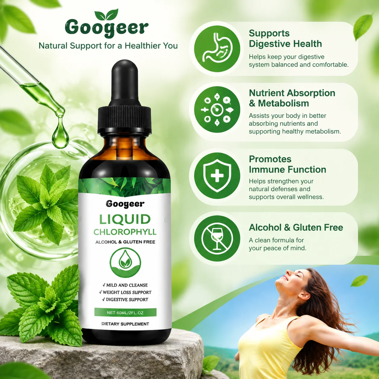 Chlorophyll Drops,Supports Digestive Health,Nutrient Absorption & Metabolism,Promotes Immune Function,Alcohol & Gluten Free,60ml