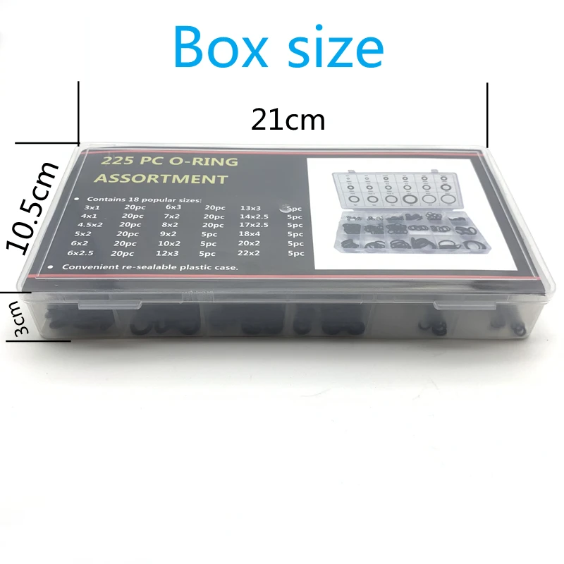 225pcs Black NBR Nitrile O Ring Kit CS1 2 2.5 3mm Multi Size Oilproof Waterproof Rubber Seal Gasket Washer Plastic Storage Box