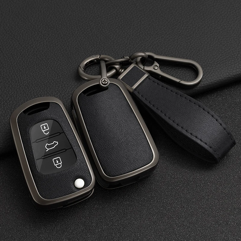 Zinklegierung + Leder Autoschlüsseletui für Hyundai i20 i30 ix20 ix25 ix35 Elantra Accent für KIA Rio 3 Soul Optima Ceed Pro K5 Pride