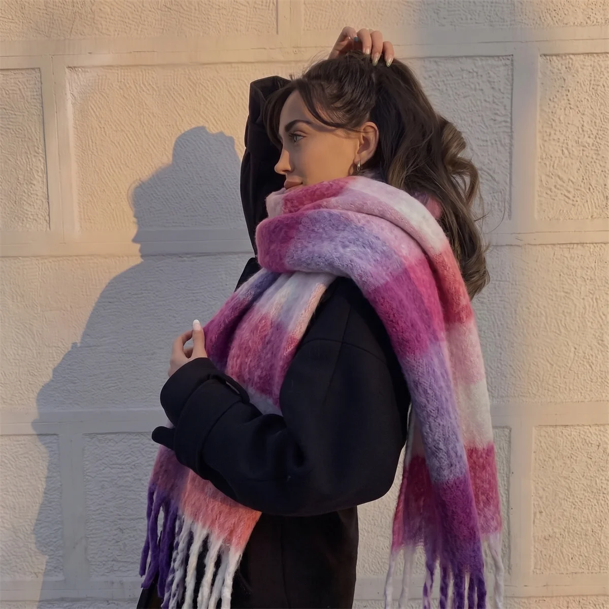 Women Winter Thickened Large Plaid Long Scarf Retro Big Grid Graphic Print Soft Tassel Fringe Versatile All Match Neck Scarf