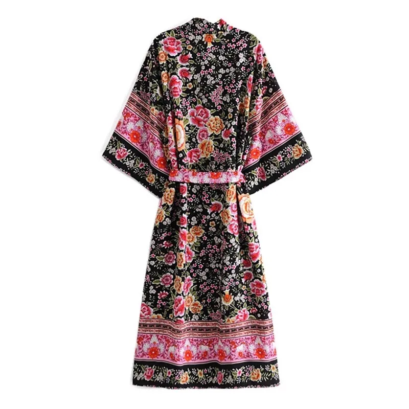 BOHO V neck Hit Color Flower Print Maxi Long Kimono Shirt Ethnic Women Lacing up Bow Sashes Cardigan Holiday Loose Beach Cape