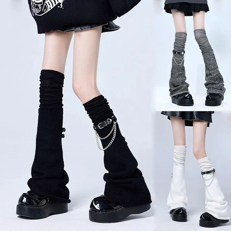

Y2K Black White Lolita Long Socks Sleeves Knitted Japanese Gothic Chain Belt Buckle Leg Warmers Ankle Warmers Wide Legs Cover