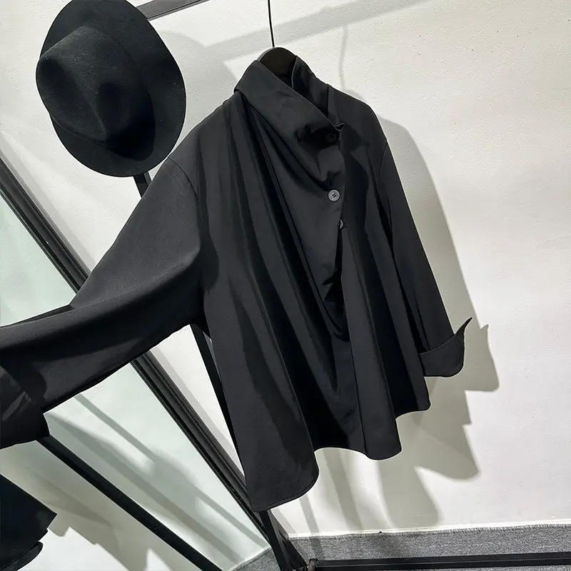 Retro Distressed Design Stand Collar Loose and Irregular Jacquard Long-Sleeved Shirt Avant-Garde Dark High-Grade Top