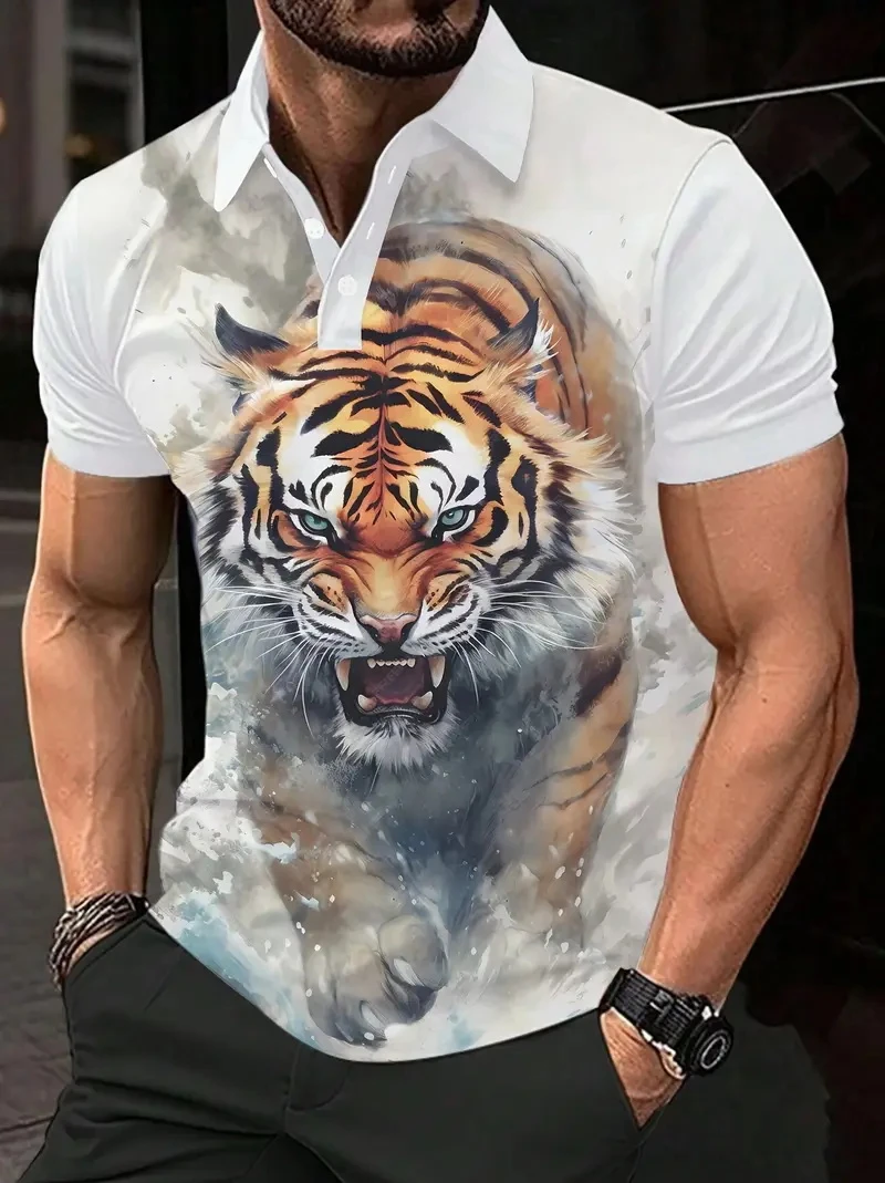 Animal Tiger Graphic 3d Printed Men Polo Ferocious Beast Men’S Clothing Summer Casual Short Sleeve Loose Oversize Shirts Tops