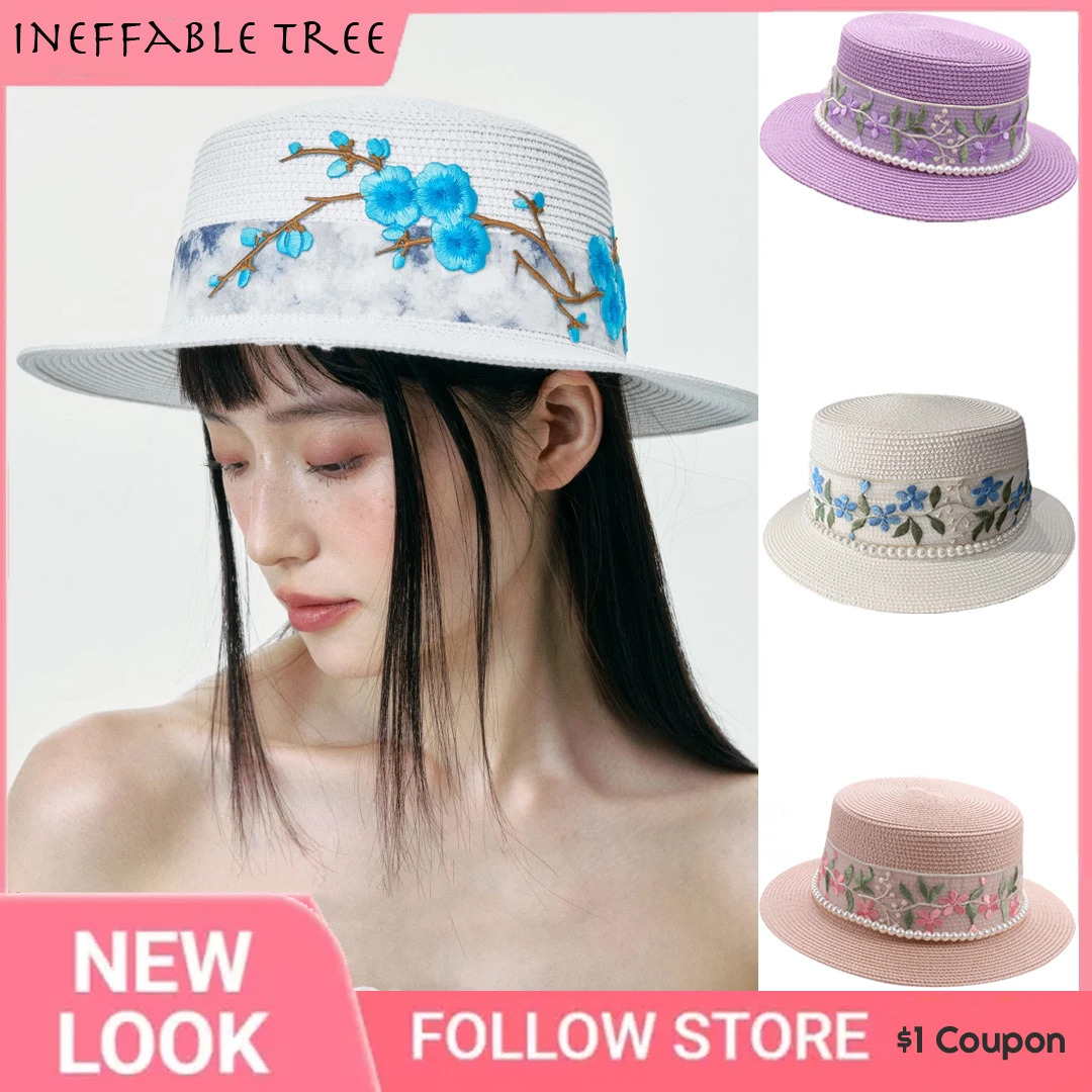 

Elegant Elegant Flower Pearl Flat Top Hat for Women Spring Summer Travel Seaside Vacation Sun Straw Flat Brim Fedora Cap Gorra