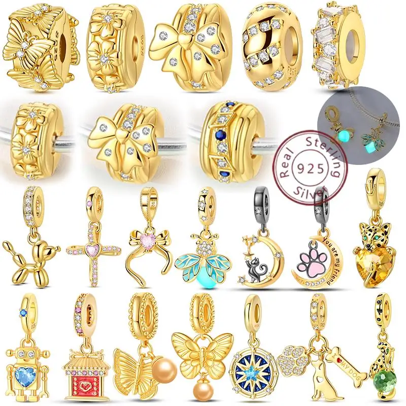 Hot Original 925 Sterling Silver Gold Series DIY Charms Beads Inlaid Zirconium Sun Leopard Pendants Fit Bracelet Jewelry