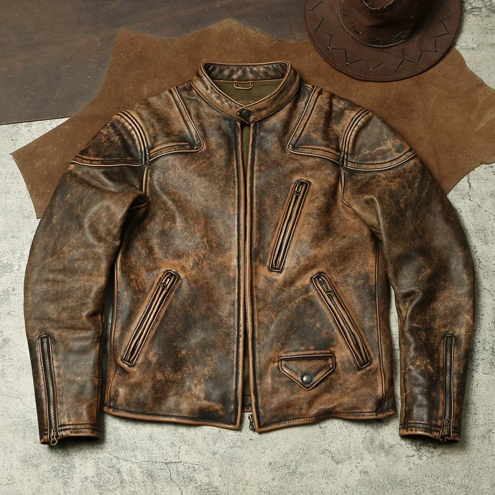 

Tailor Brando American Vintage Full Grain Washed Tea Core Cowhide Venom War Standing Collar Men's Genuine Leather Biker Jacket