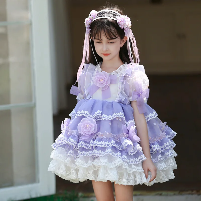 

2024 New Flower Lolita Baby Girl Dress Handmade Princess Dresses Lace Bow Ball Gown Short Sleeve Boutique Pretty Girl Cake Frock