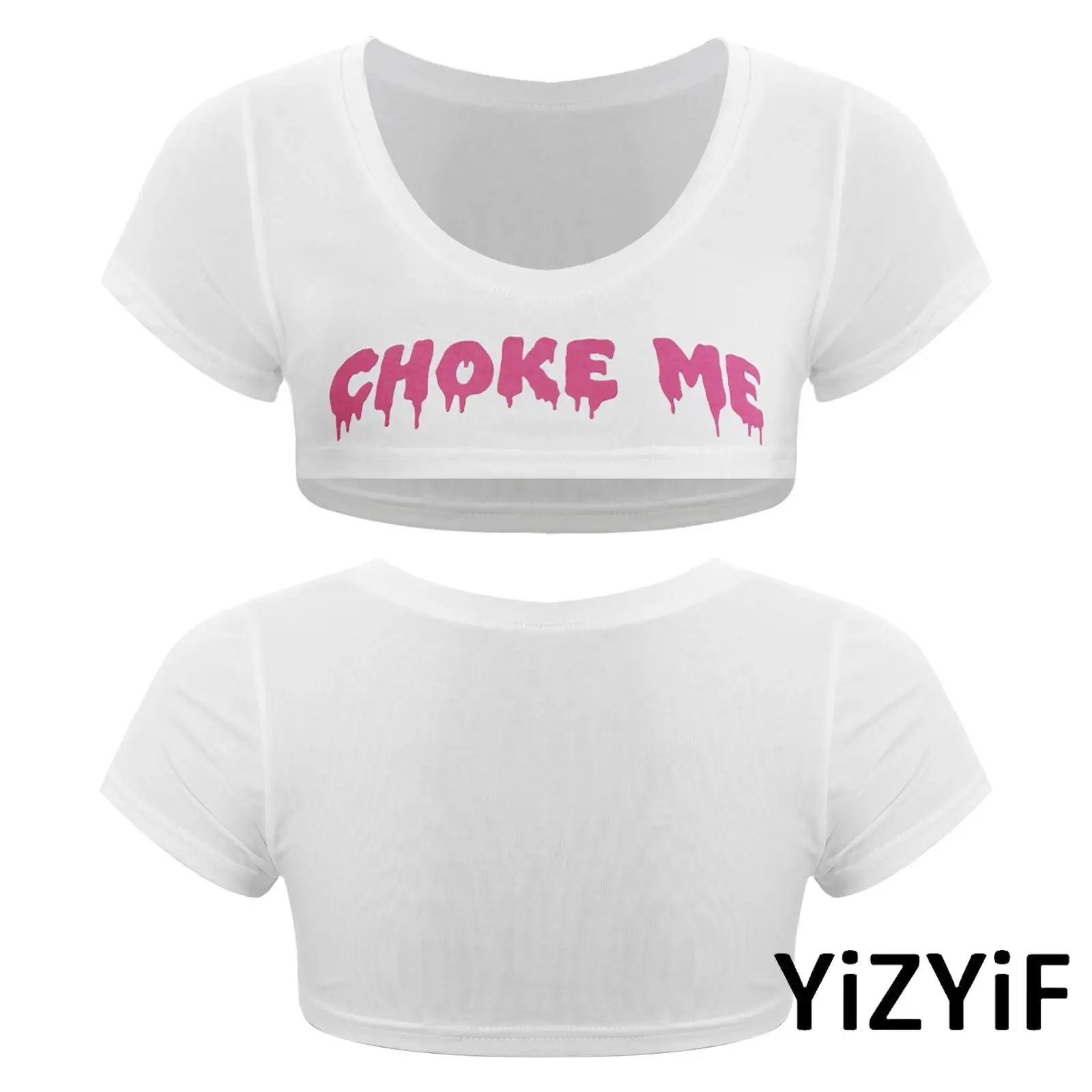 

Womens Ultra-short T-shirt Crop Tops Crew Neck Anime Style Print Showing Chest Spicy Tops for Dating Night Private Party