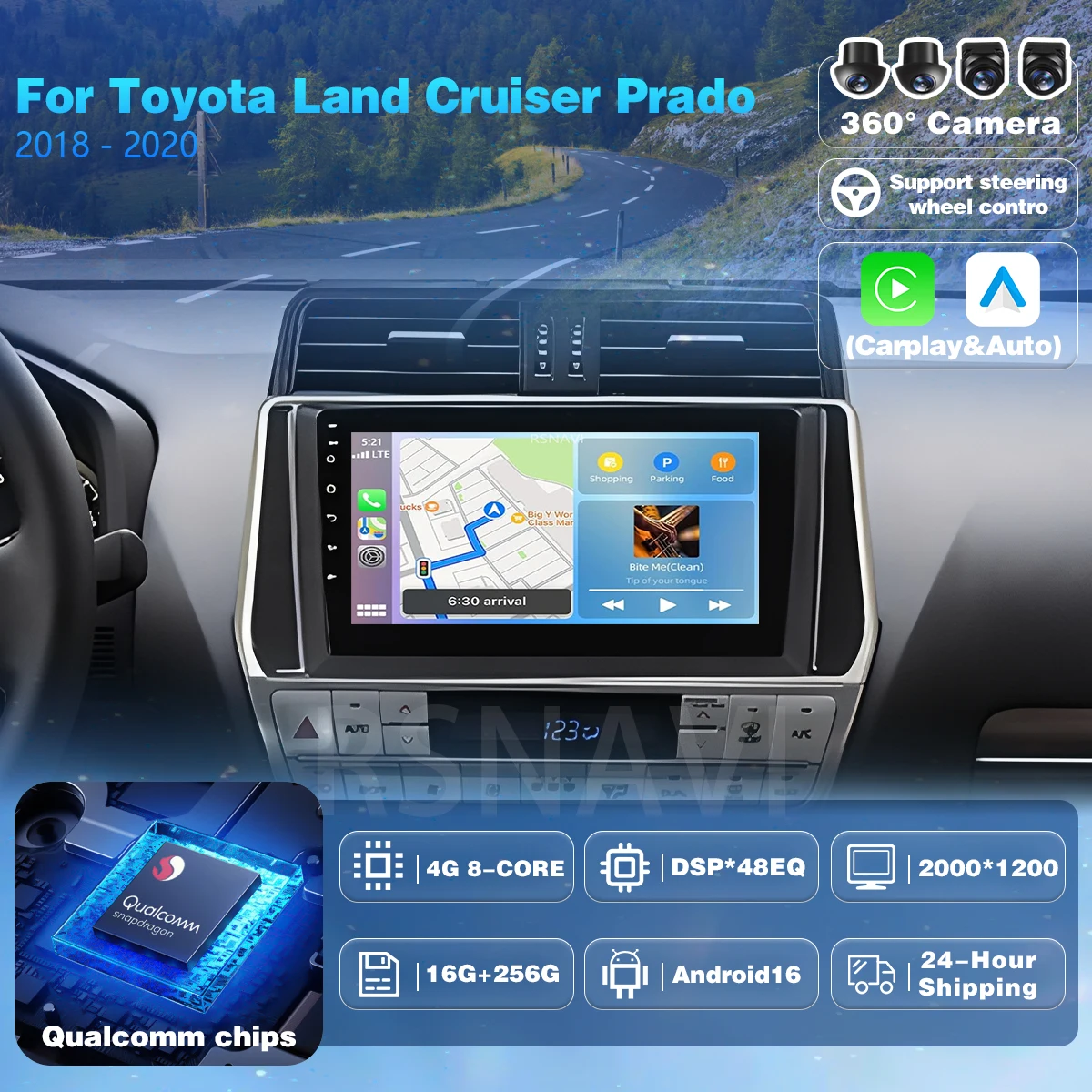Автомагнитола Android 16 с функцией Plug and Play для Toyota Land Cruiser Prado 150 2018-2020, Carplay, GPS, мультимедийный проигрыватель, видео, стереосистема