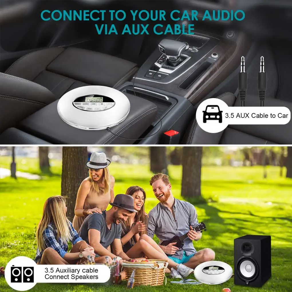 Portable car mounted CD player with adjustable volume, battery powered music playback device