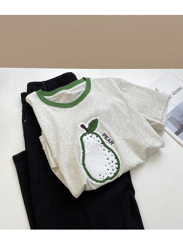 American Color Block Towel Embroidery T-Shirt Women's Summer Design Casual round Neck Short Sleeve Top Breathable Loose Fit