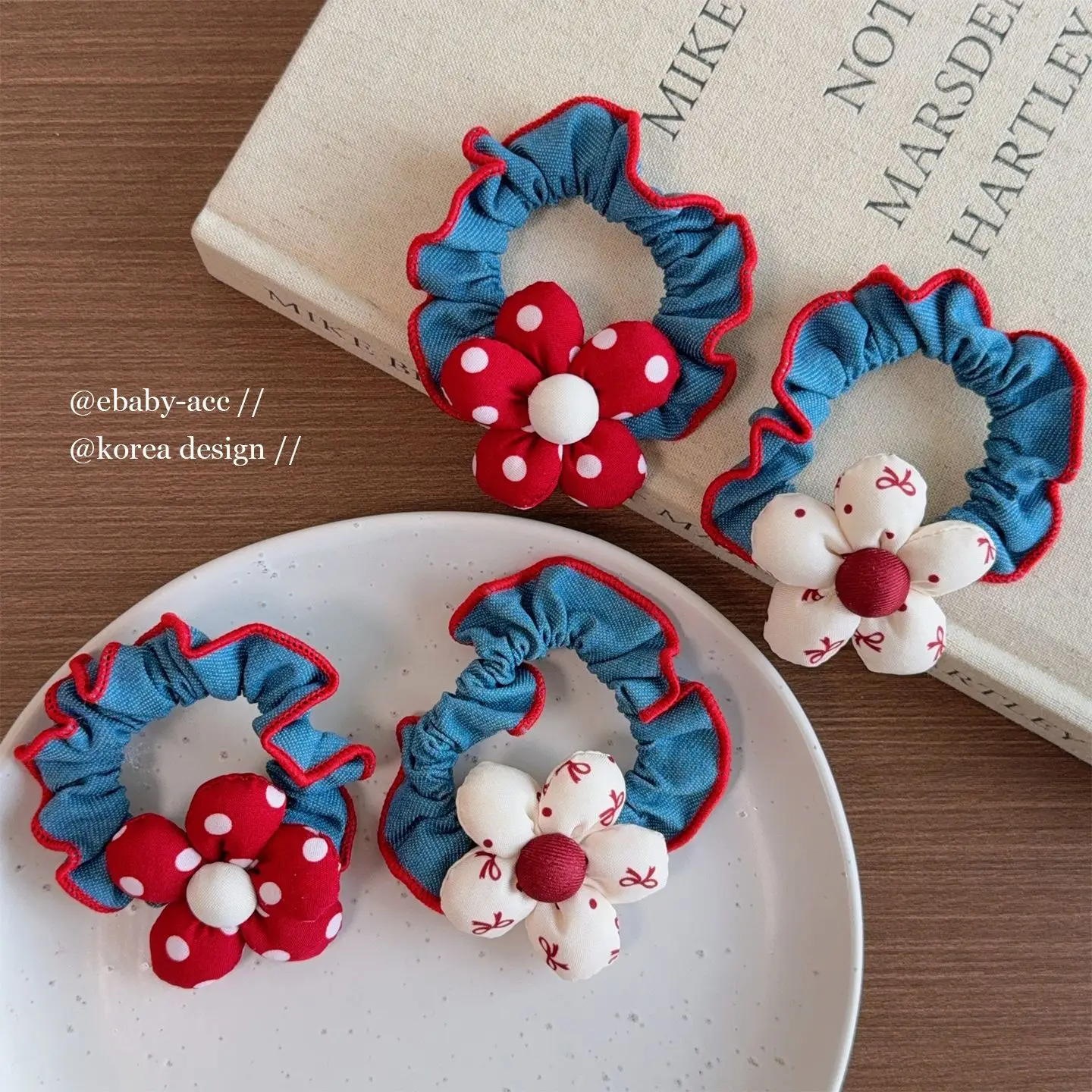 Hair Scrunchie Kids Denim Red Flower Elastic Ponytail Holder Soft Comfortable for Girls Daily Party Travel School Home