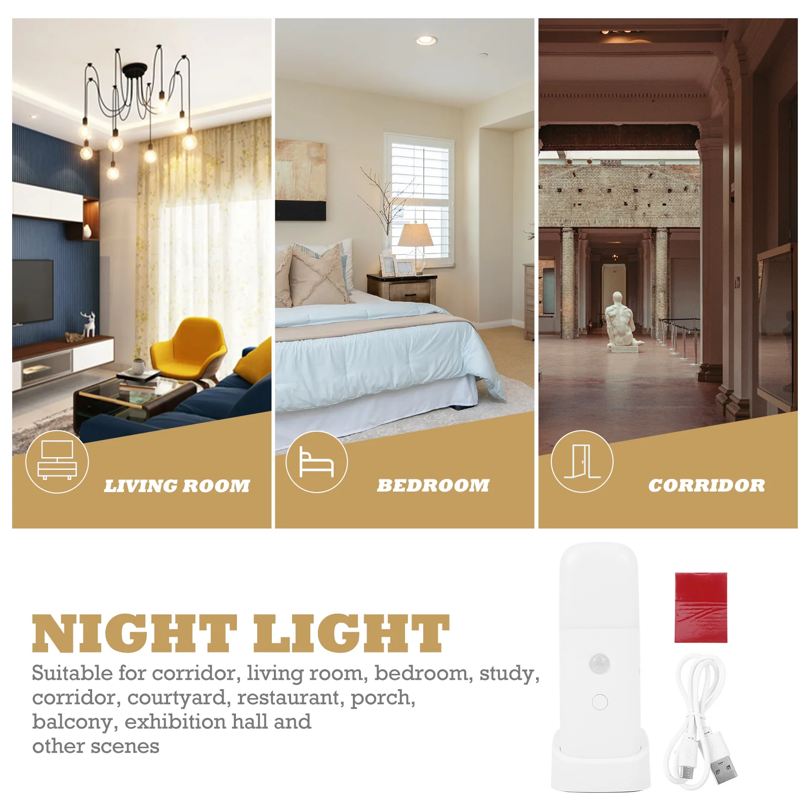 

1 set Body Sensing Night Light Compact No Wiring Design For Bedroom Living Room Stairs Cabinets Room Adjustable Brightness