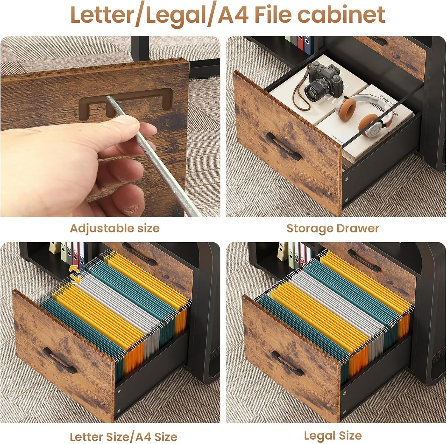 مكتب مكتب على شكل حرف L مقاس 63 بوصة مع أدراج، ومكتب إداري مع أدراج ملفات، ومكتب كبير مع أرفف تخزين #5