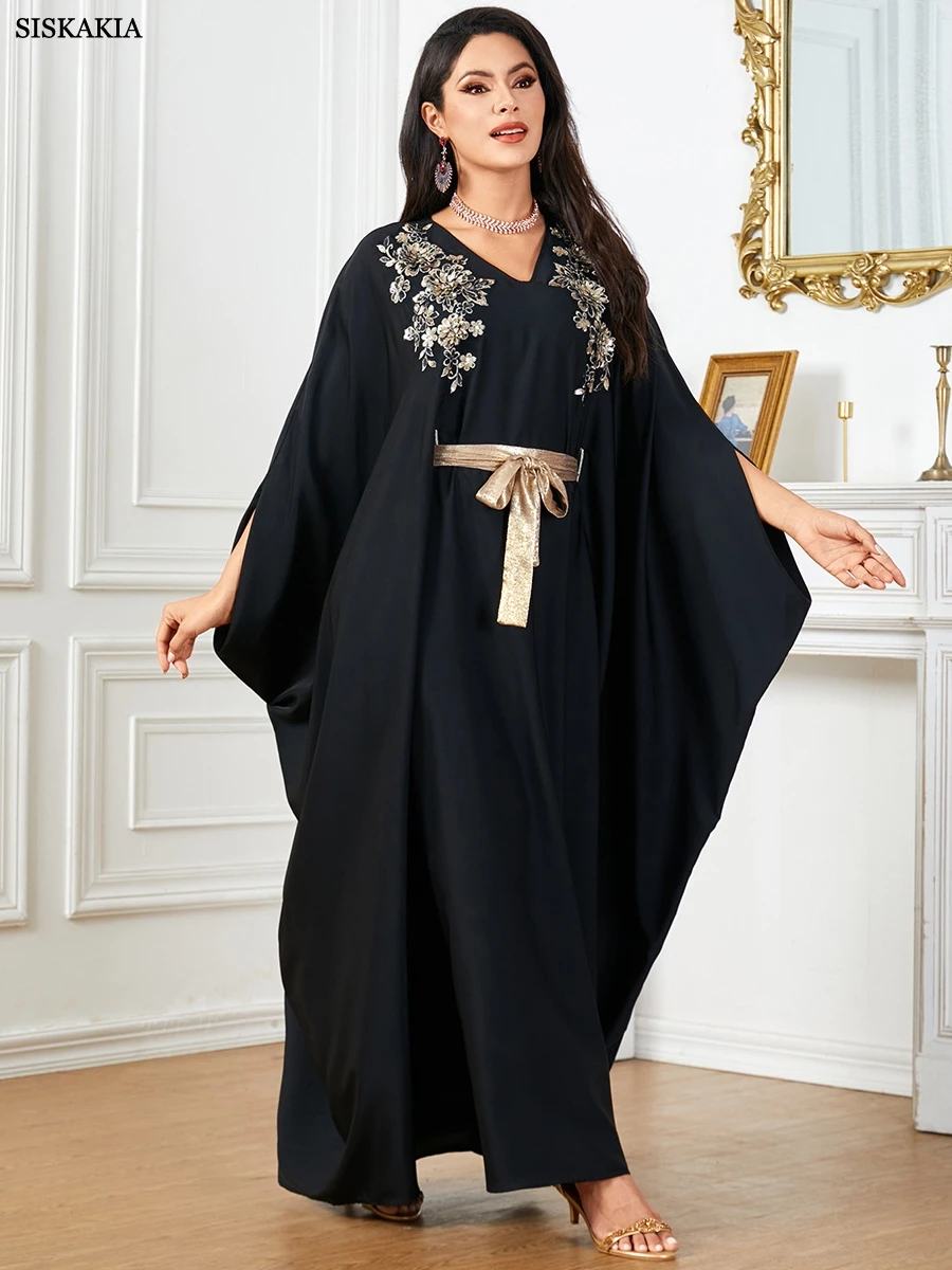 Siskakia Fashion Floral Embroidery Gold Stamping Muslim Woman Abaya Kimono V-Neck Batwing Sleeve Loose Casual Moroccan Robe Jala