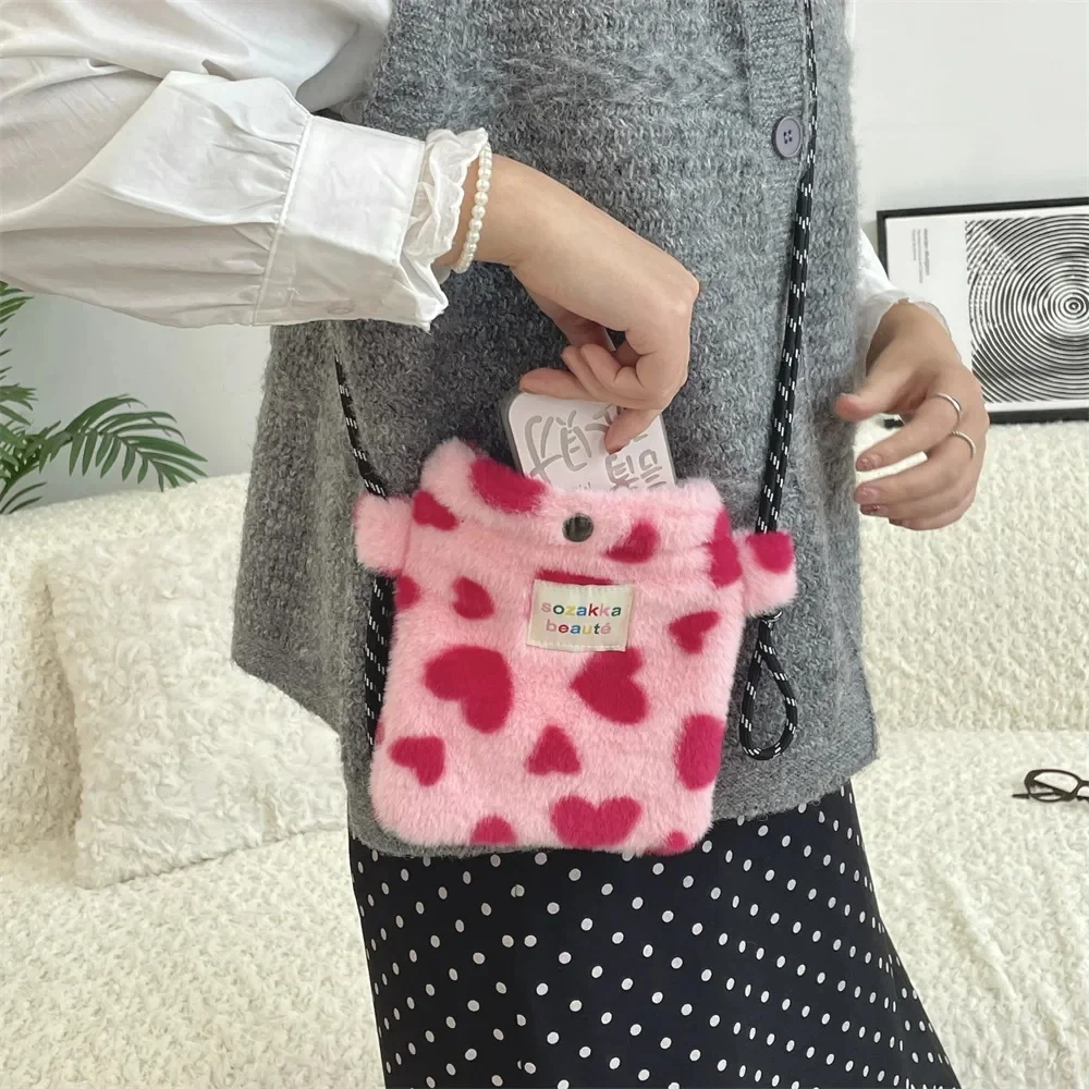 Women Cute Plush Shopping Storage Bag Portable Phone Pouch Case Fashion Rainbow Dot Bag Shoulder Crossbody Purses Handbags
