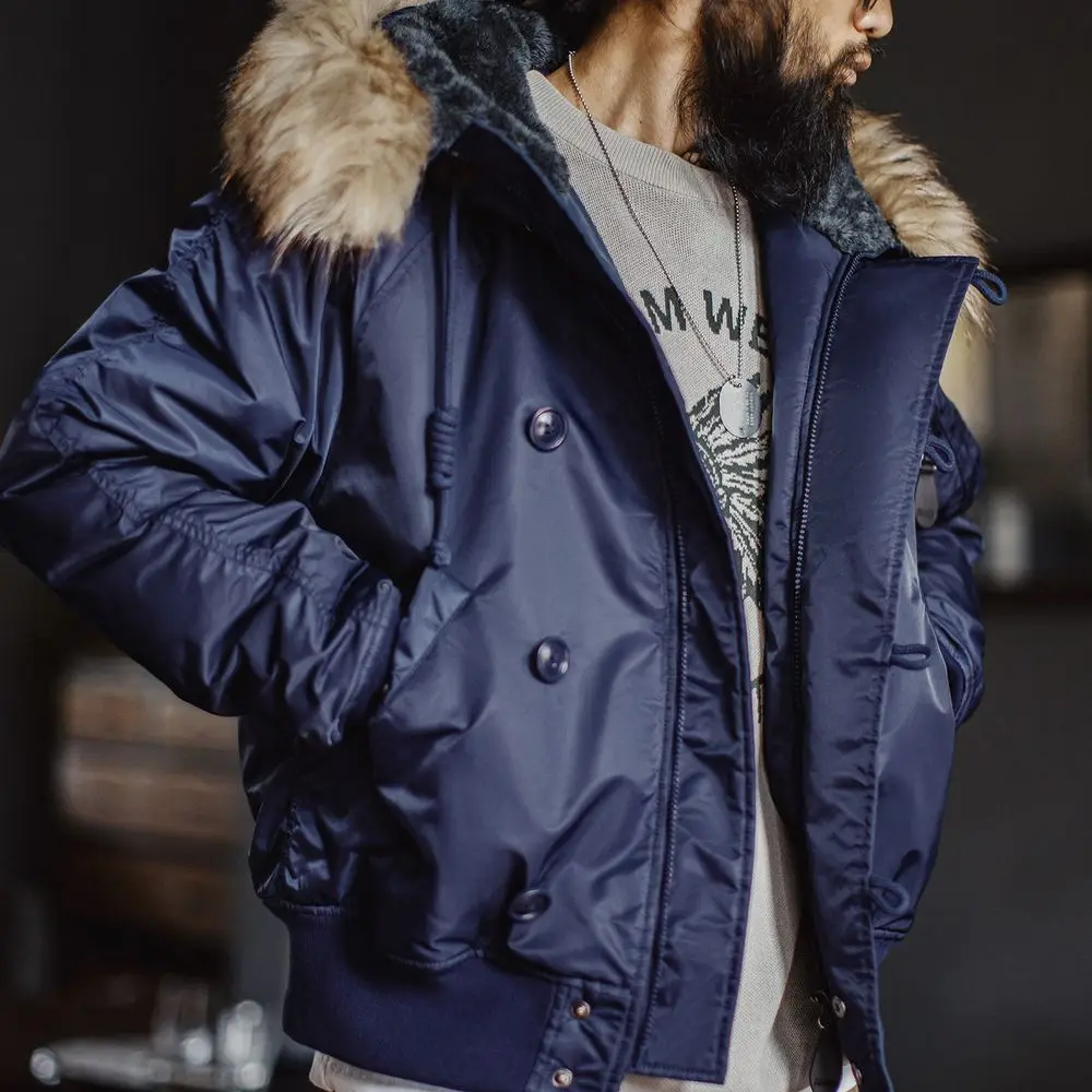 

Maden Vintage Men's N-2A Parka with Real Fur Collar Plush Lined Hood Blue Short Cotton Jacket Bomber Windproof Thermal Coat