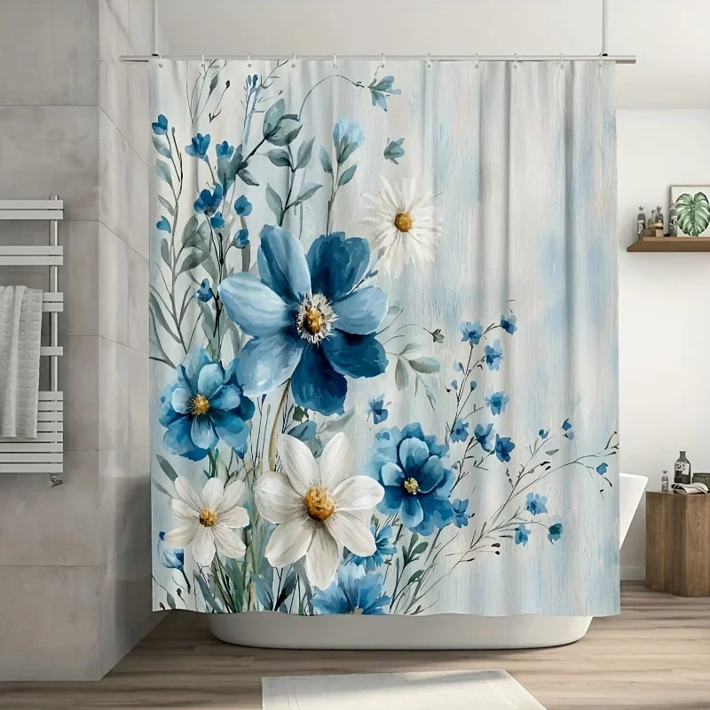 ~O~1pc Blue & White Floral Shower Curtain - 71x71 Inch, Polyester, 12 Hooks, Hand Wash, Elegant Summer Bathroom Decor