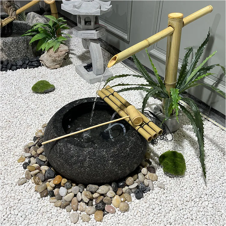 Stone bowl flowing water squatting bamboo stone courtyard garden balcony landscape ornament