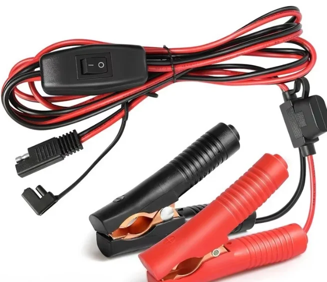 12AWG 8FT SAE Battery Jump Start Cord with On/Off Switch Quick Break 12V 2Pin Alligator Clip Harness for Vehicle