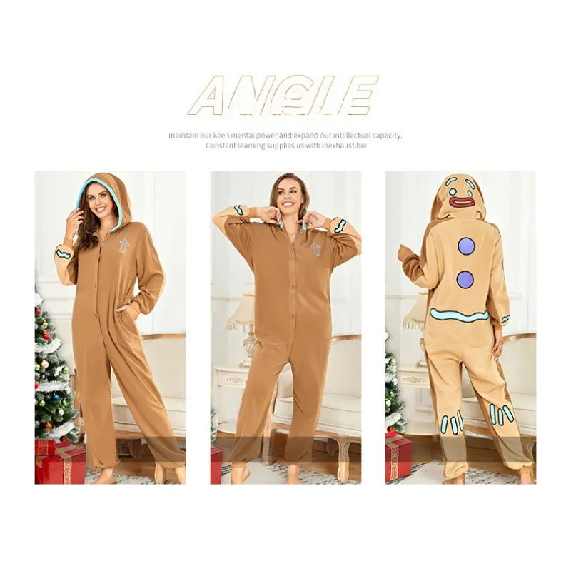 Christmas Gingerbread Cosplay Costume Fleece Women Pajamas Jumpsuit Adult Xmas Sleepwear Carnival Party Performance