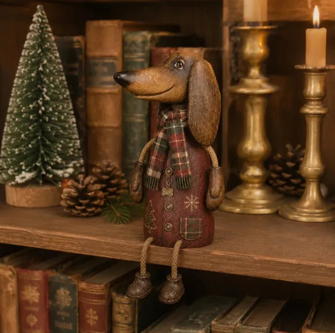 Dachshund Shelf Sitter, Vintage Christmas Rustic Dog Figurine,Vintage-style Dachshund Figurine with Plaid Scarf & Red Coat