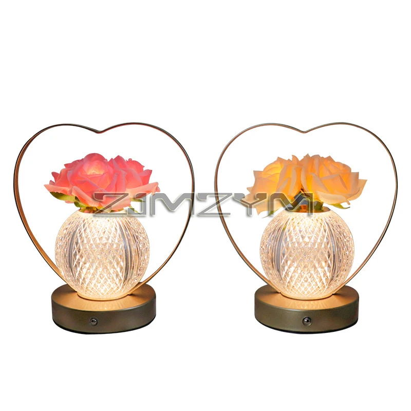 LED Table Lamp Stepless Dimming USB Charging Touch Switch Bedside Light Living Room Decoration Flower Rose Desk Lamp