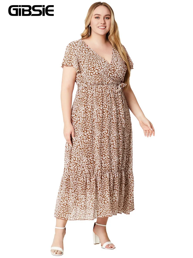 Gibsie Plus Size Boho Print Surplice Hals flattern Ärmel Gürtel Kleid Frauen Urlaub Strand lässig Rüschen Saum Sommer Maxi kleider