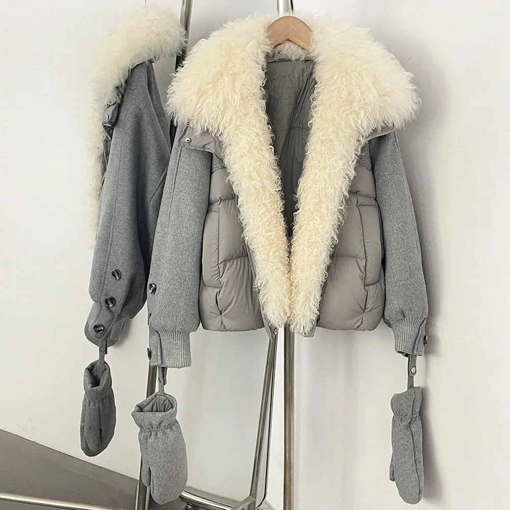 OFTBUY Luxuriöse Abnehmbare Handschuhe Natürlicher Pelz Entendaunen-Mantel Großer Echter Lammwoll-Pelzkragen Daunenjacke Damen Neue Winterkleidung – Detail 15