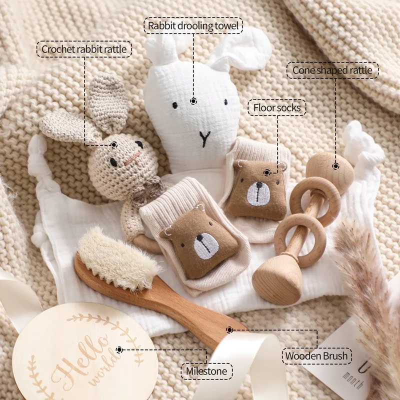 Baby Double Sided Cotton coperta Set da bagno per neonato confezione regalo in legno all'uncinetto sonaglio Brushs bracciale asciugamano per Baby Shower regalo