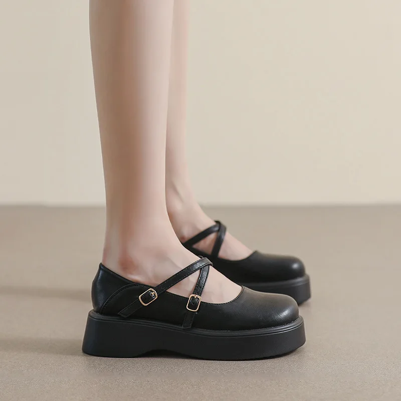 Women's Platform Leather Shoes Mary Jane Shoes Round Toe Thick Sole Casual Pumps Black Heels Lady Lolita Shoes Chunky Plus Size
