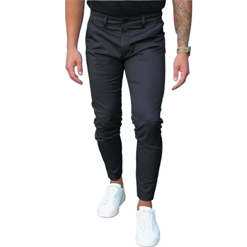 

European and American Men's Solid Color Tight Fitting Pocket Zippered Business Casual Slim Fit Small Leg Pants